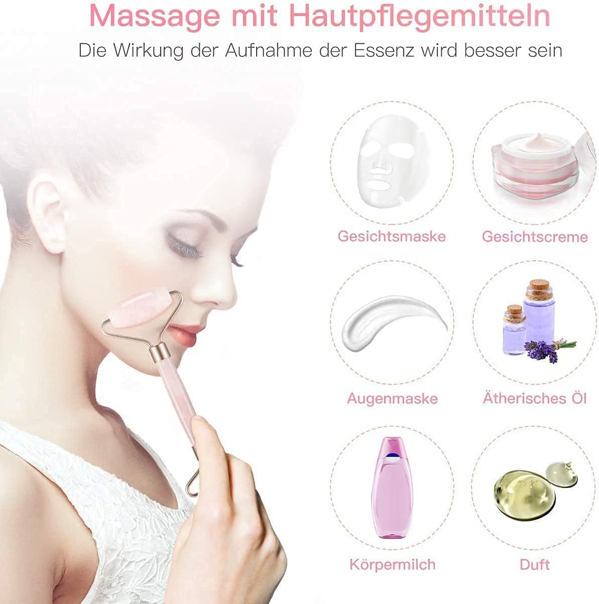 Gua Sha Y Rodillo De Jade Masajeador Facial，Rodillo Natural Facial De Cuarzo，Anti Arrugas anti Arrugas, Masaje Facial anti Envejecimiento De Rodillo (Rodillo De Cuarzo Rosa)