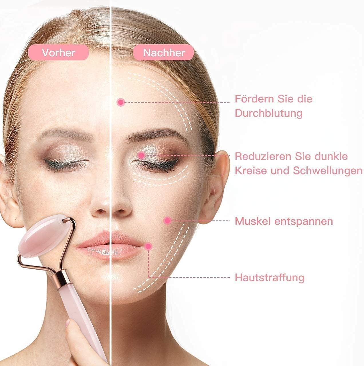 Gua Sha Y Rodillo De Jade Masajeador Facial，Rodillo Natural Facial De Cuarzo，Anti Arrugas anti Arrugas, Masaje Facial anti Envejecimiento De Rodillo (Rodillo De Cuarzo Rosa)