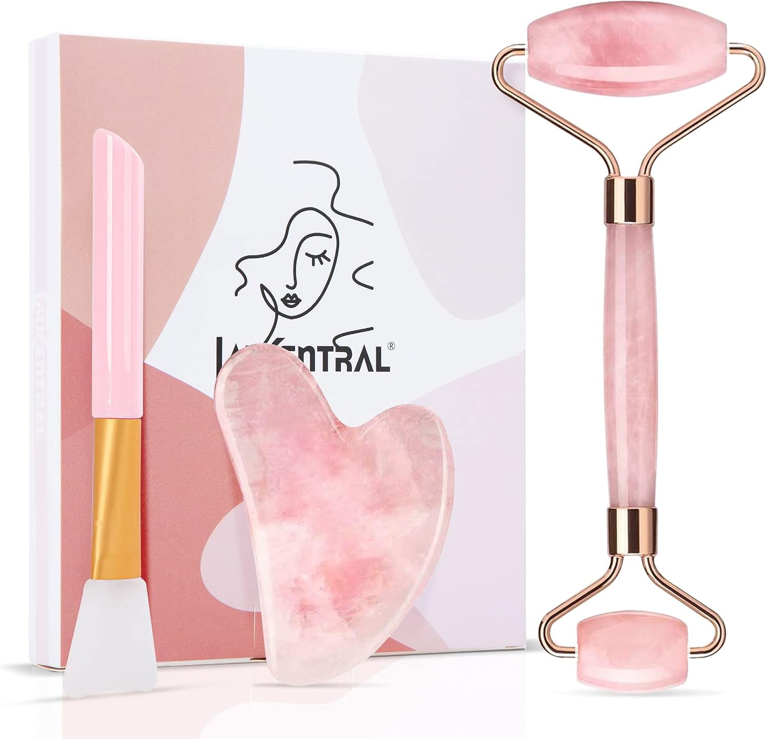 Gua Sha Y Rodillo De Jade Masajeador Facial，Rodillo Natural Facial De Cuarzo，Anti Arrugas anti Arrugas, Masaje Facial anti Envejecimiento De Rodillo (Rodillo De Cuarzo Rosa)